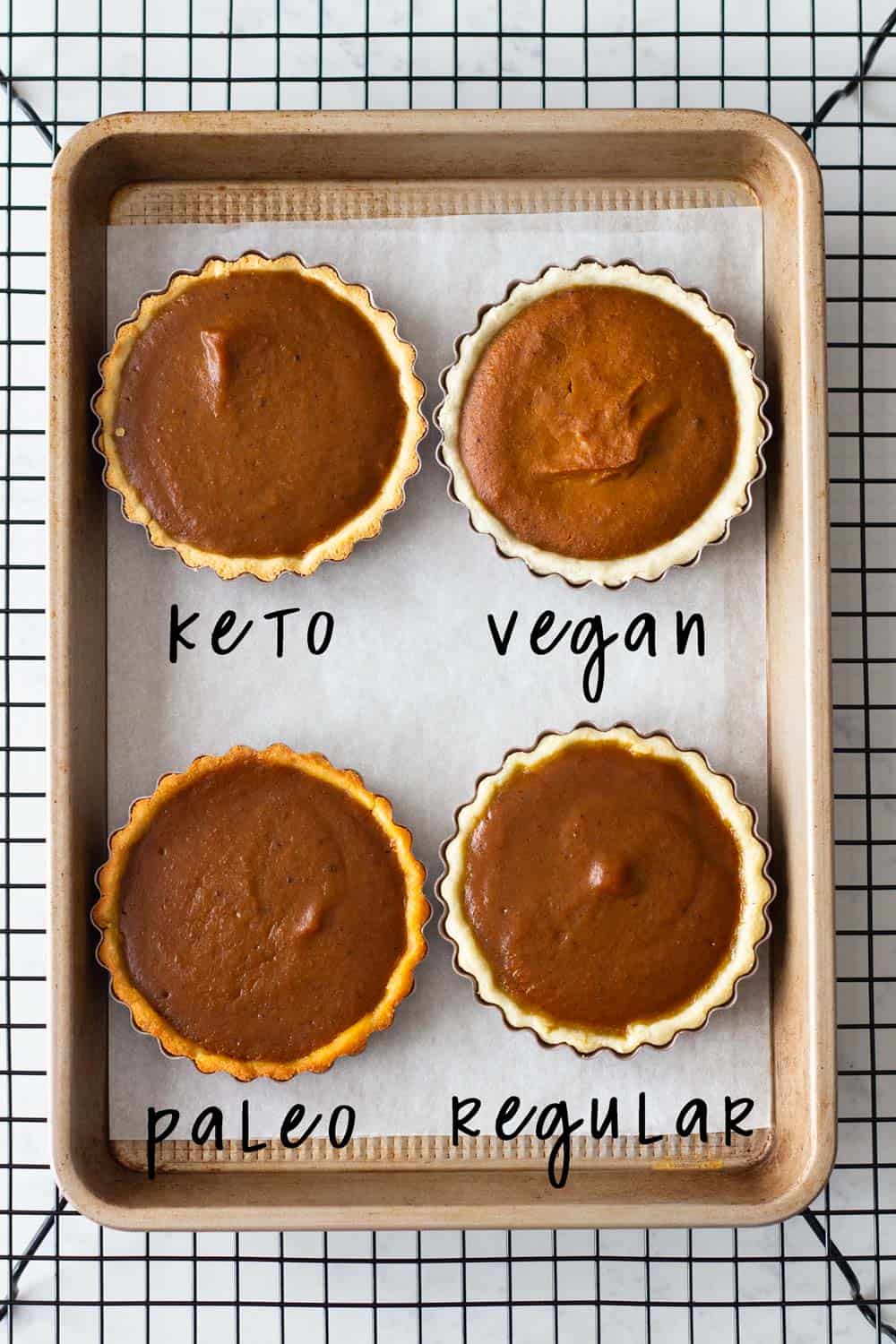 "Healthy" means a different thing for everybody. Why not be the nicest host ever and have a healthy pumpkin pie for everybody? Vegan Pumpkin Pie, Paleo Pumpkin Pie, Keto Pumpkin Pie and Regular Healthy Pumpkin Pie. Sample of pumpkin pies on a baking tray: keto, vegan, paleo, and regular.