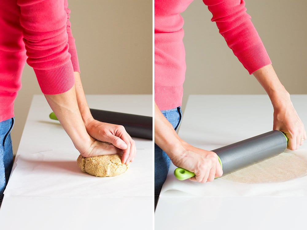 Left image: hands kneading crust for apple tart. Right image: apple tart crust being flattened with rolling pin.