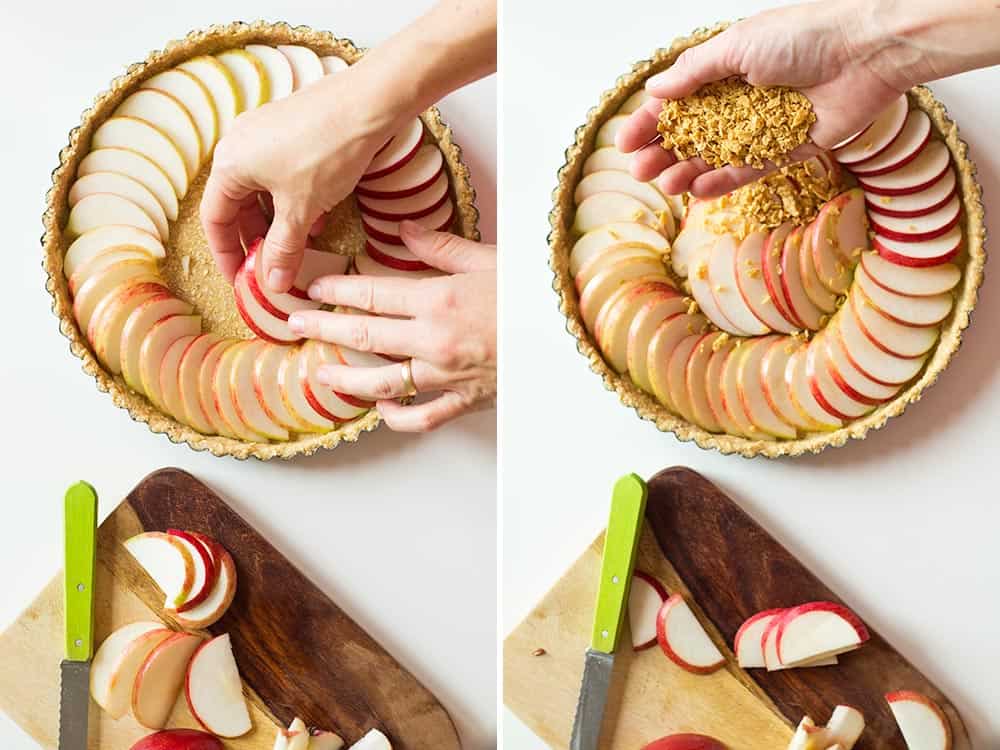 Left image: hands spreading apple slices in crusted baking pan. Right image: hands spreading maple flakes over apple slices.